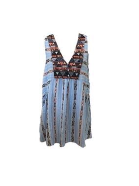Umgee Size S sleeveless v-neck blue with Aztec print pullover dress pockets